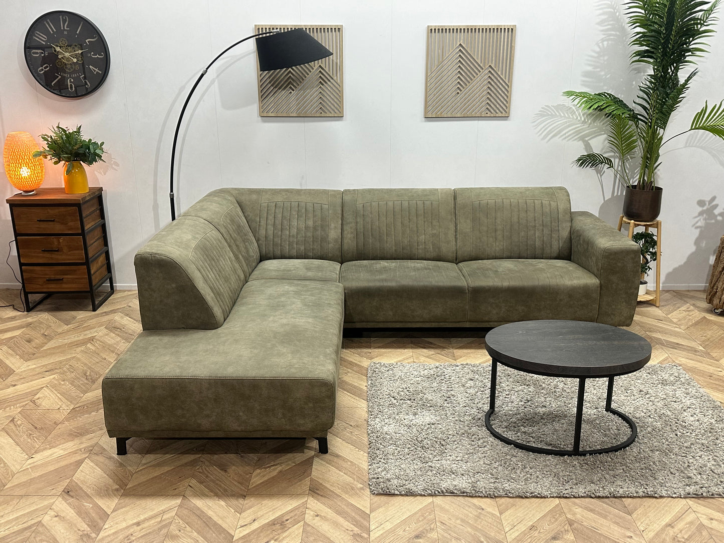 Donker Groene Suède Stoffen Hoekbank ~ Vaste Kussens