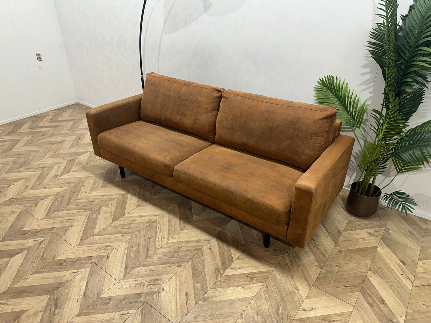 Cognac Bruine Suède Lederen 2.5-Zits Bank ~ Losse Kussens Met Afneembare Hoezen