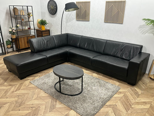Zwart Echte Lederen Hoekbank ~ Vaste Kussens
