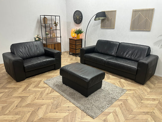 H&H Zwart Lederen Banken Set Incl Hocker ~ Vaste Kussens