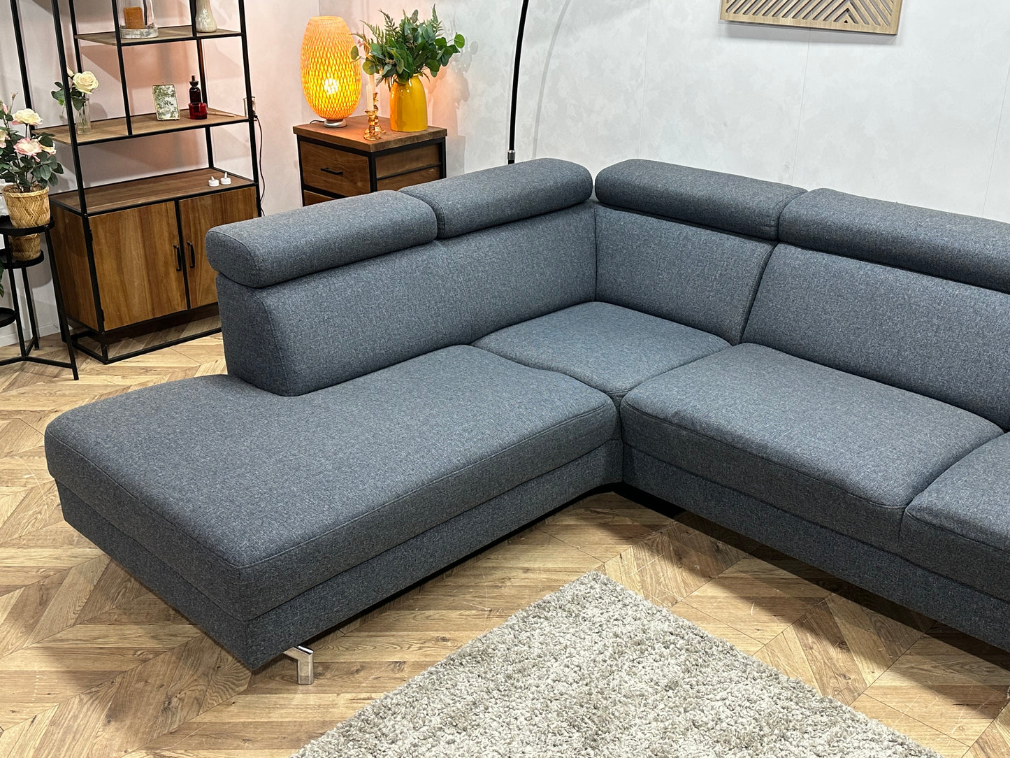 Montèl Blauwe/Grijze Hoekbank ~ Verstelbare Arm/Hoofdsteunen