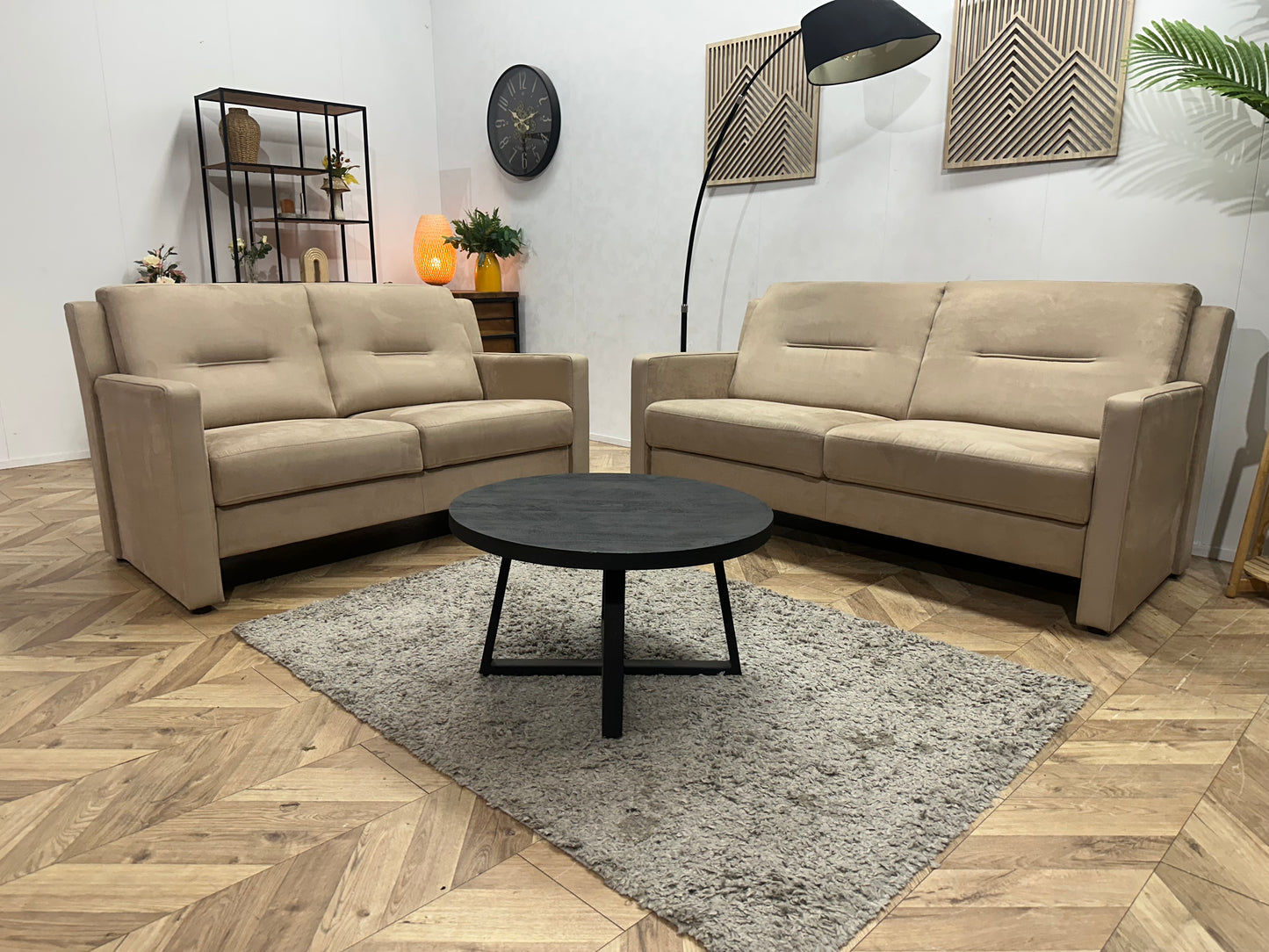 Beige Suede Stoffen/Lederen Banken Set ~ Vaste Kussens