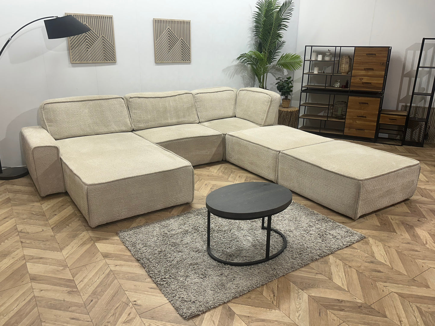 Crème Modulaire Bouclé Stoffen U Bank ~ Losse Rugkussens Met Afneembare Hoezen