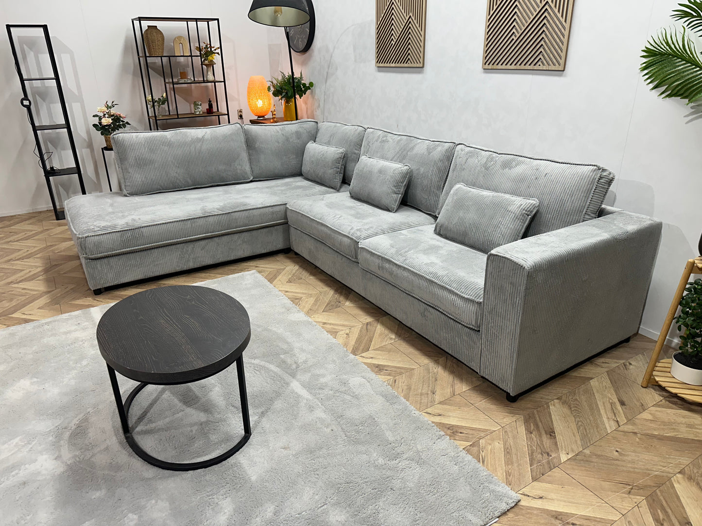 !Showroommodel! Licht Blauwe Ribstof Hoekbank Beide Hoeken Mogelijk