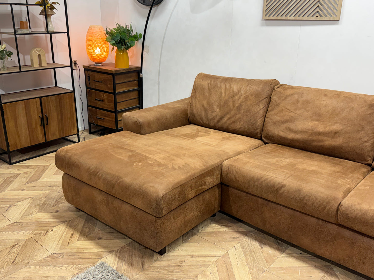 Cognac Bruine Suède Lederen Hoekbank Incl. Fauteuil