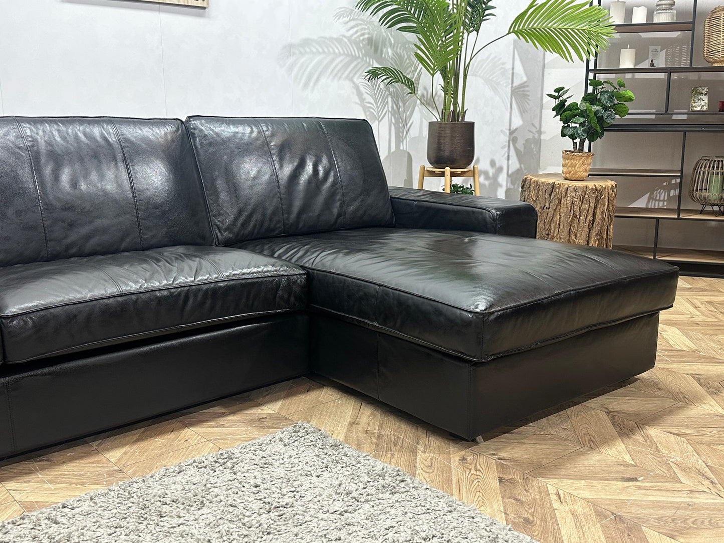 Zwarte Echt Lederen Hoekbank ~Geïmpregneerd