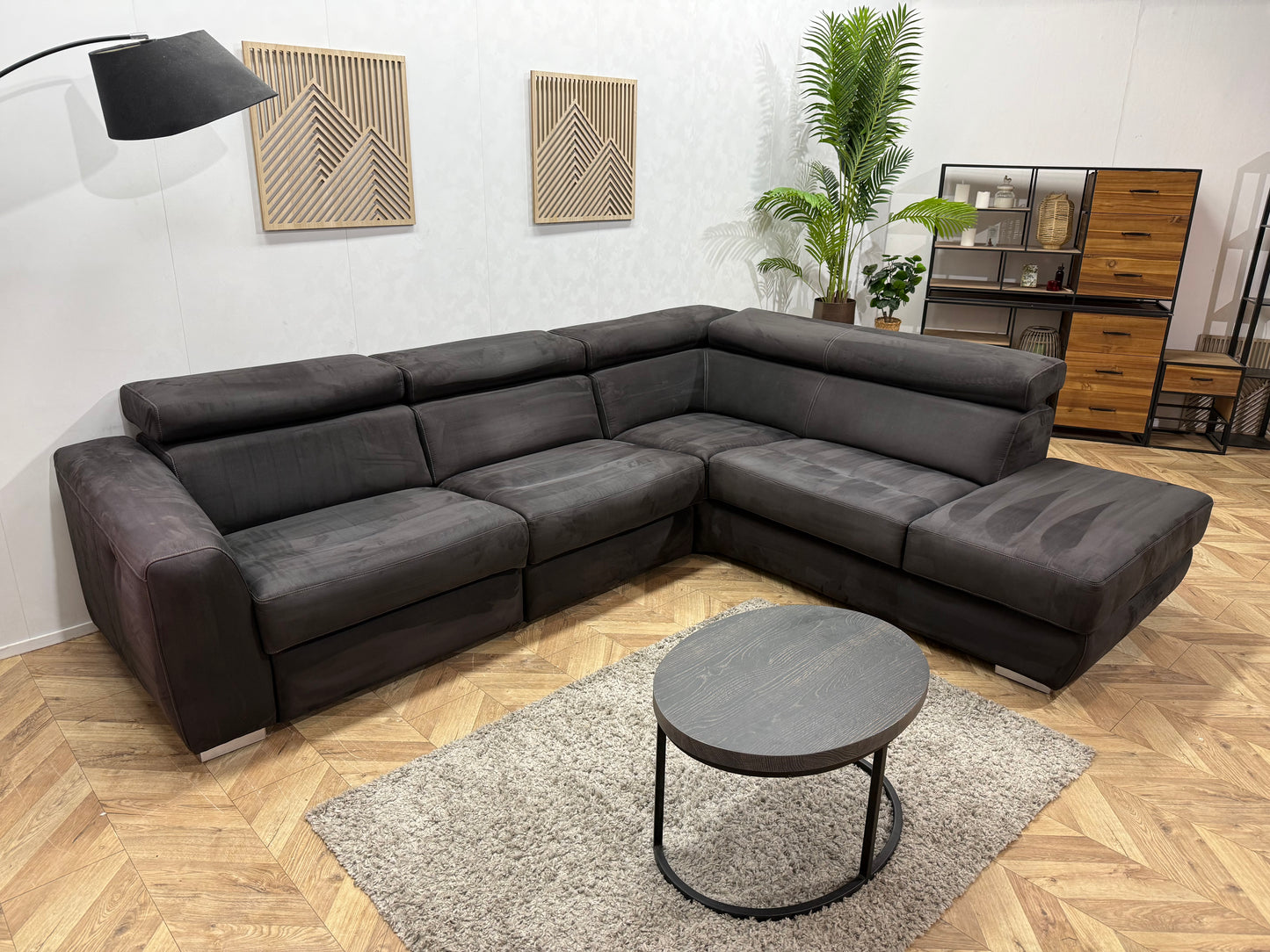 !Nieuwstaat! Xooon Antraciet Suède Stof Hoekbank ~ Elektrisch Verstelbaar