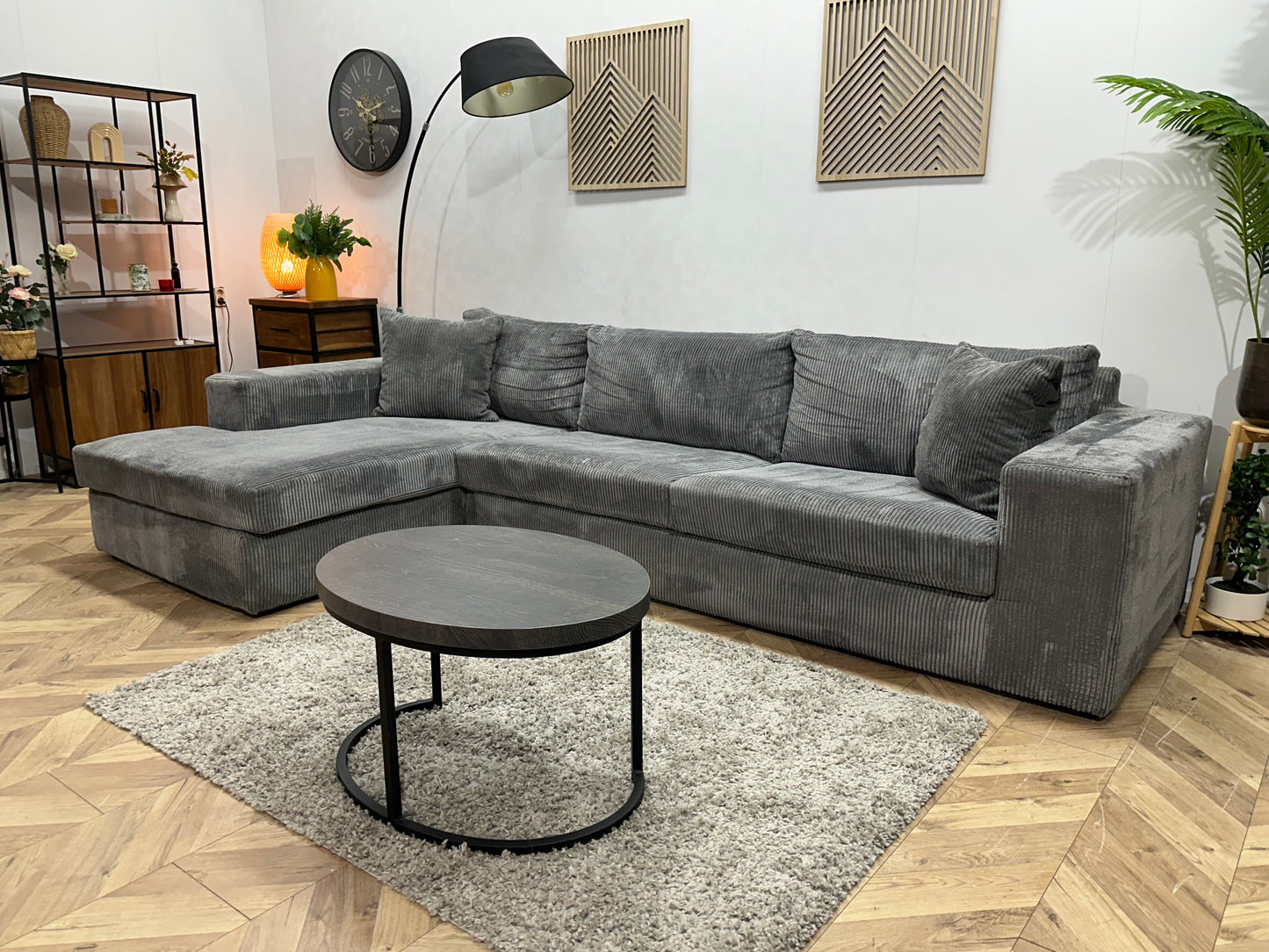 Licht Grijze Ribstof Hoekbank ~ Losse Kussens Met Afneembare Hoezen