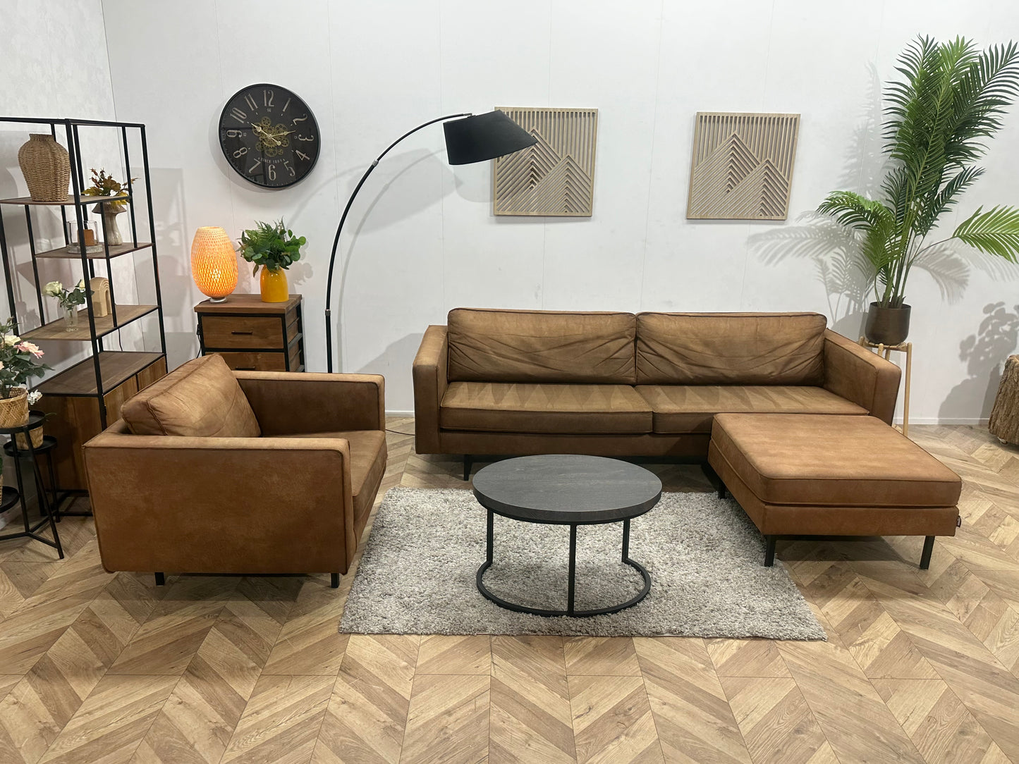 Woood Cognac Bruine Suède Stoffen Hoekbank Inc Fauteuil ~ Losse Kussens Met Afneembare Hoezen