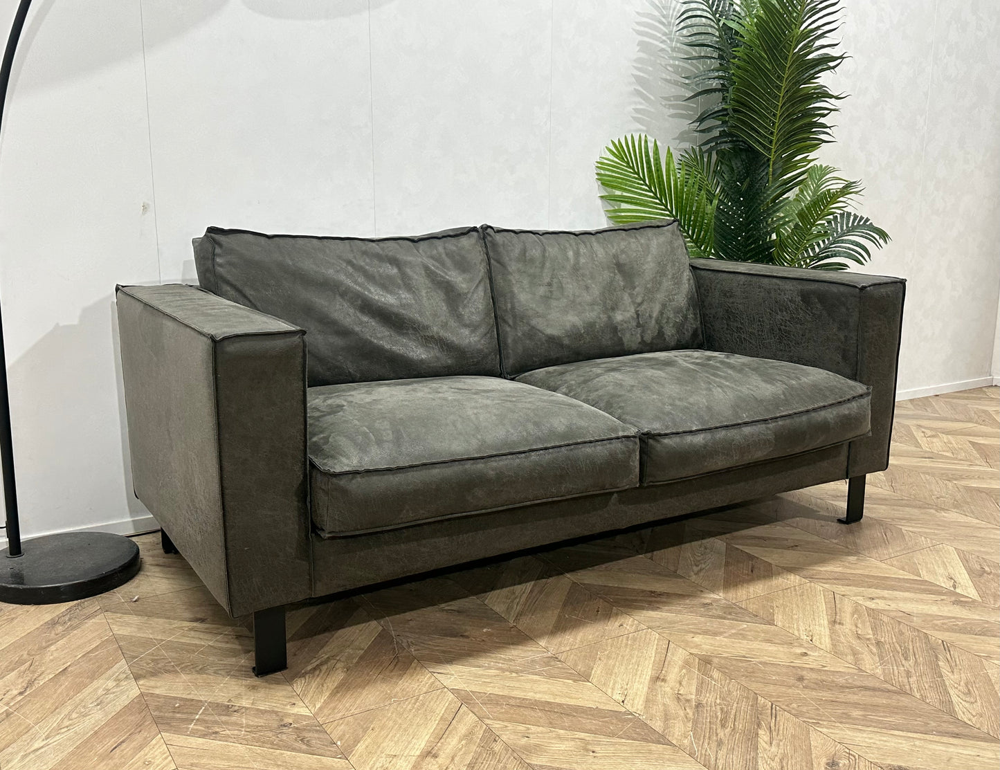 Antraciet Suède Lederen 2.5-Zits Bank ~ Losse Kussens Met Afneembare Hoezen