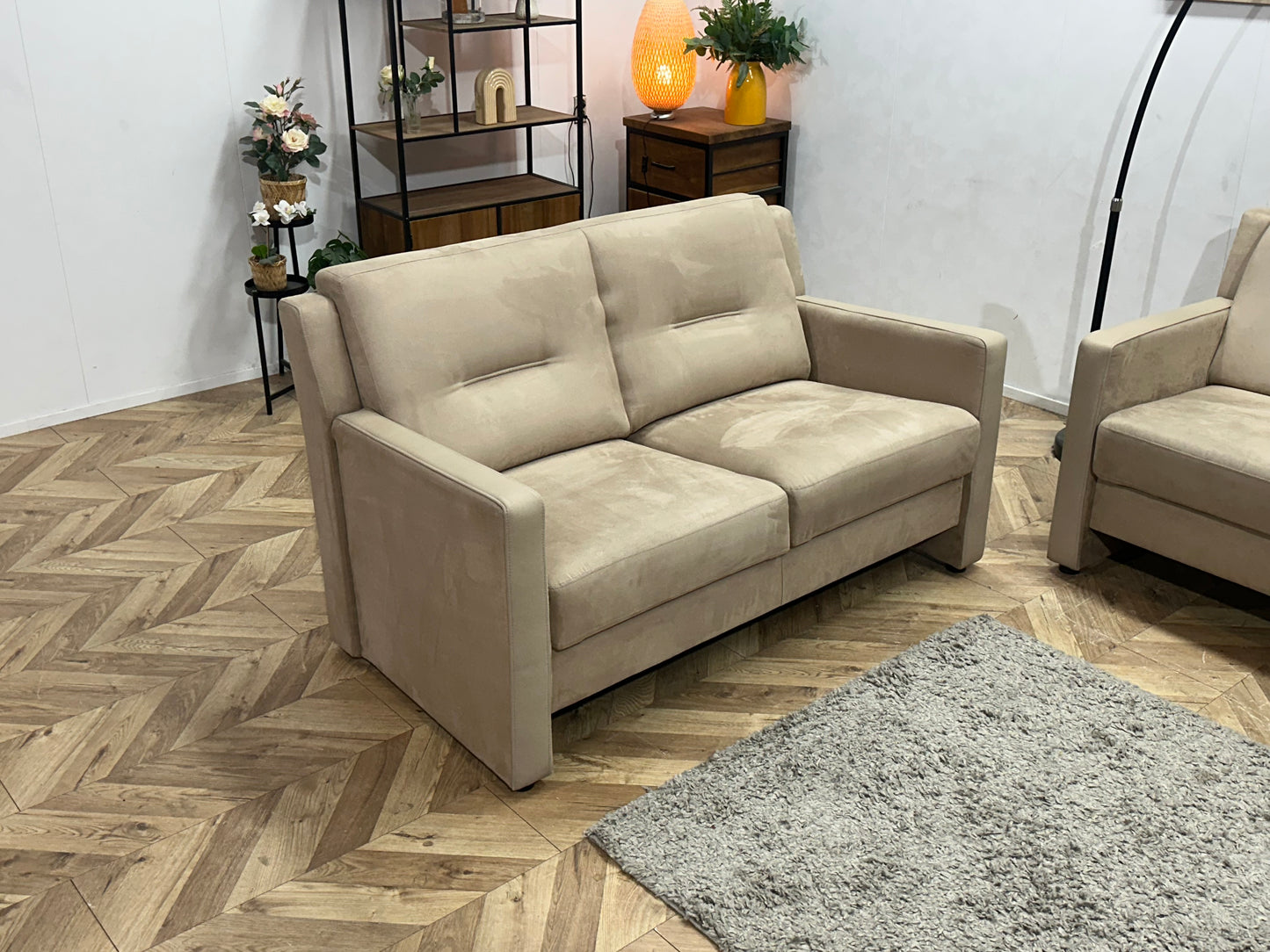Beige Suede Stoffen/Lederen Banken Set ~ Vaste Kussens