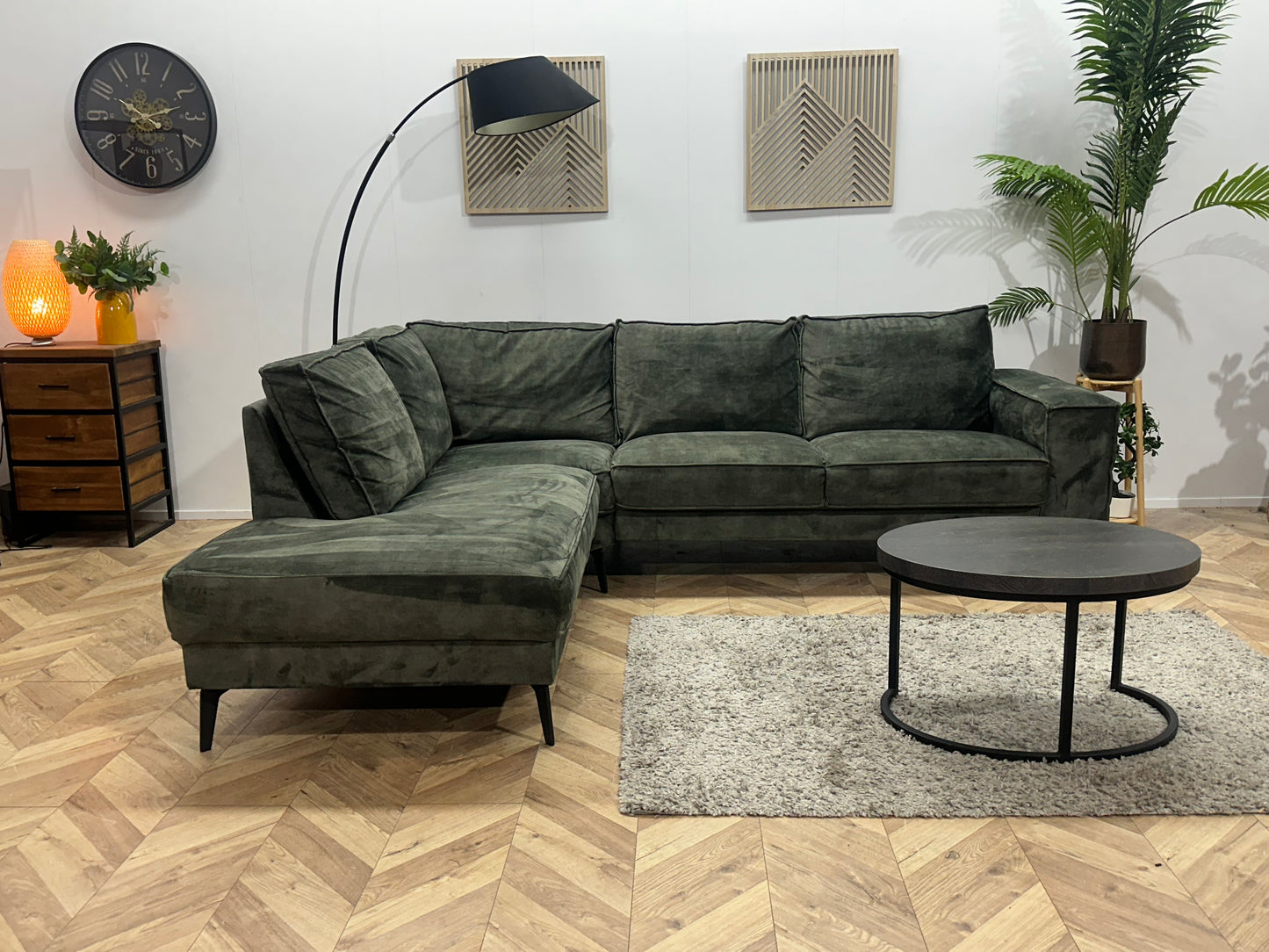 Groene Velvet Hoekbank ~ Losse Rugkussens Met Afneembare Hoezen