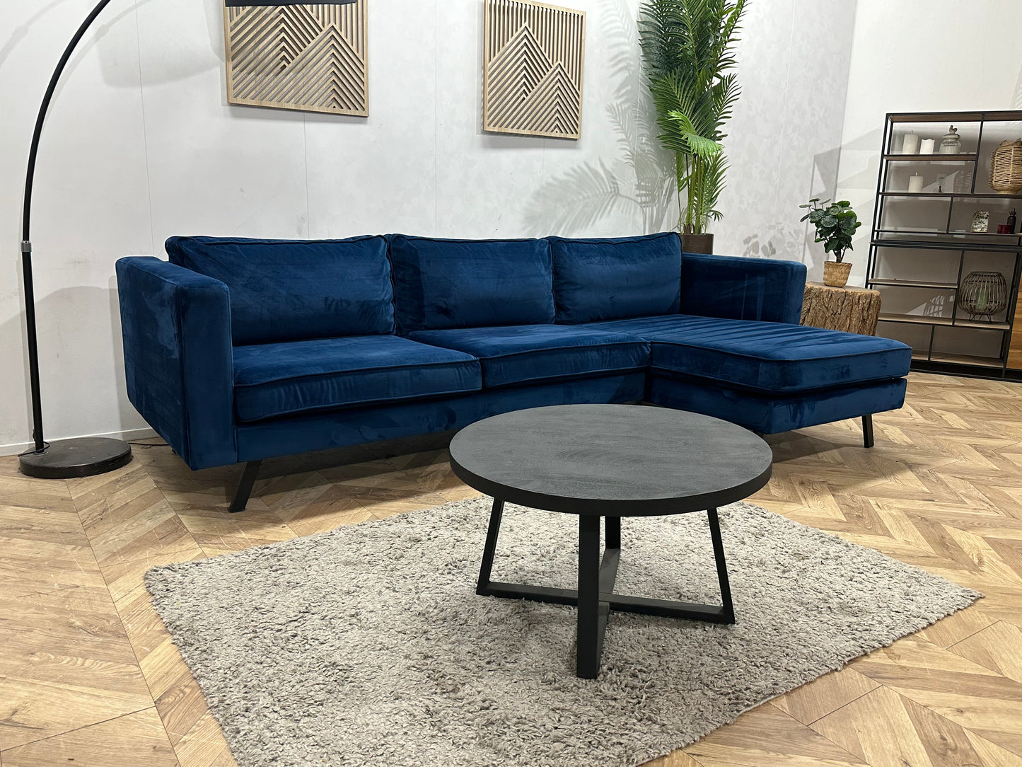 Blauwe Velvet Hoekbank ~ Losse Kussens Met Afneembare Hoezen