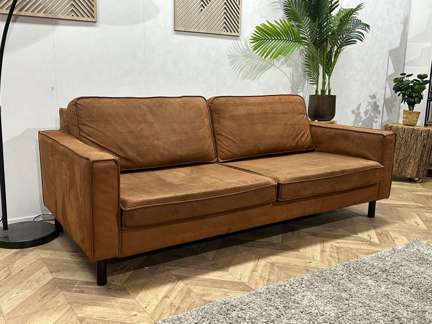 Cognac Bruine Suède Stoffen 2.5-Zits Bank ~ Losse Kussens Met Afneembare Hoezen