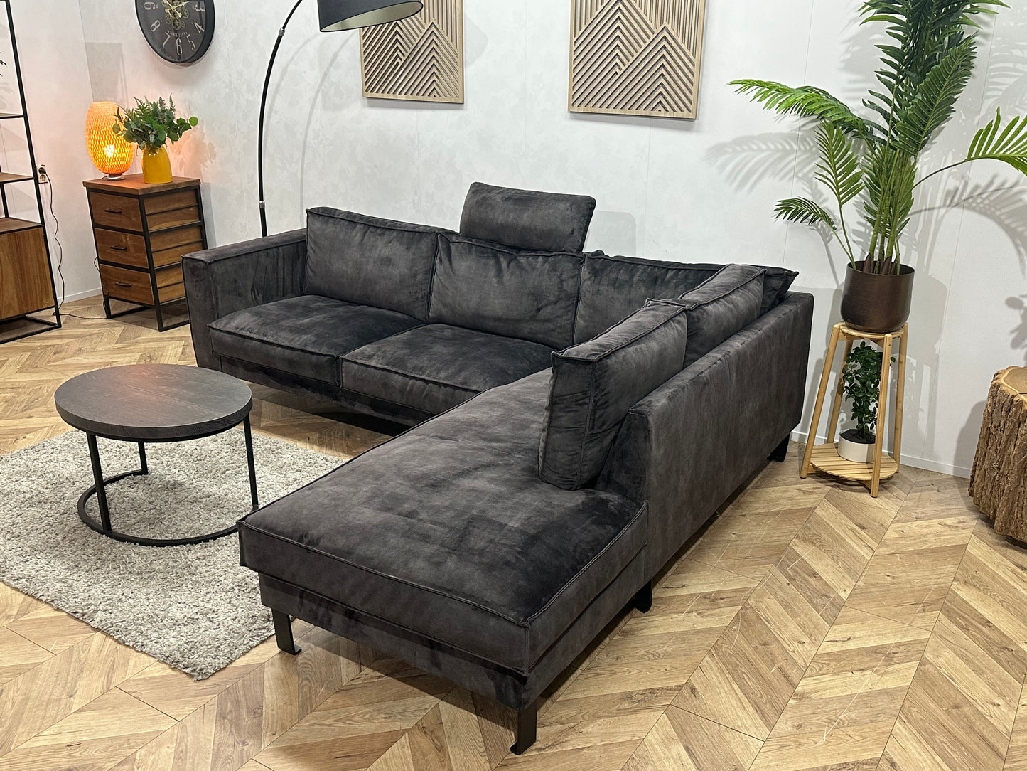 Antraciet Velvet Hoekbank ~ Losse Kussens Met Afneembare Hoezen