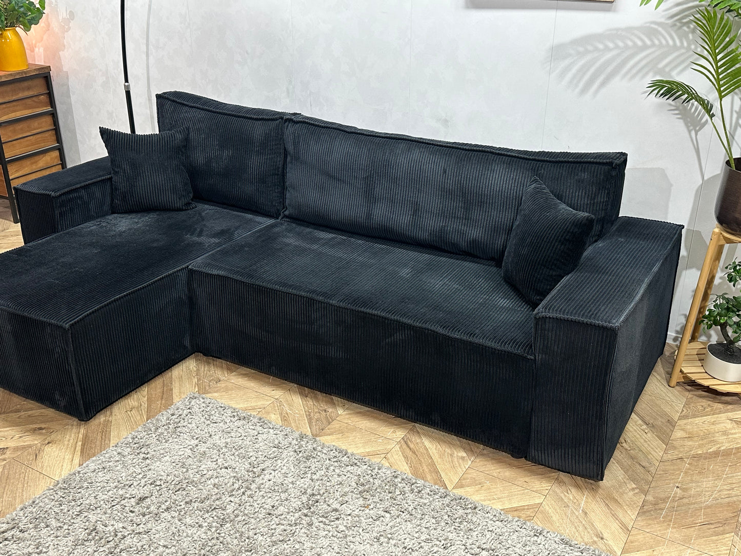 !Showroommodel! Zwarte Ribstof Hoekbank ~ Slaapfunctie