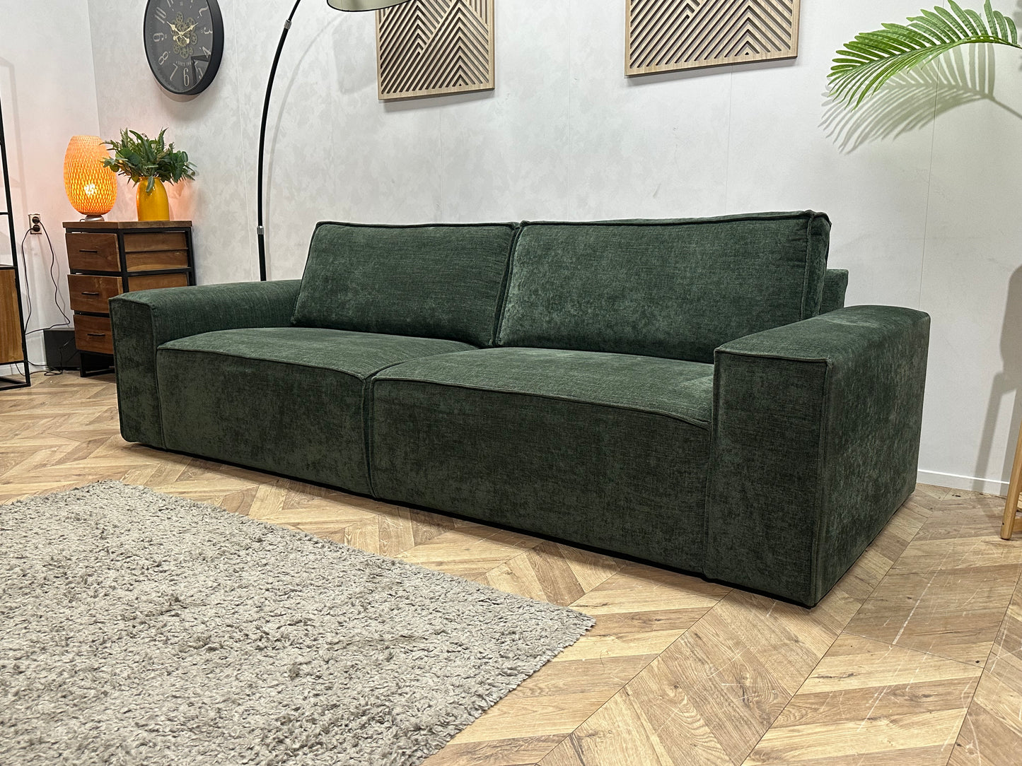 Groene Velvet 2.5-Zits Bank ~ Losse Rugkussens Met Afneembare Hoezen