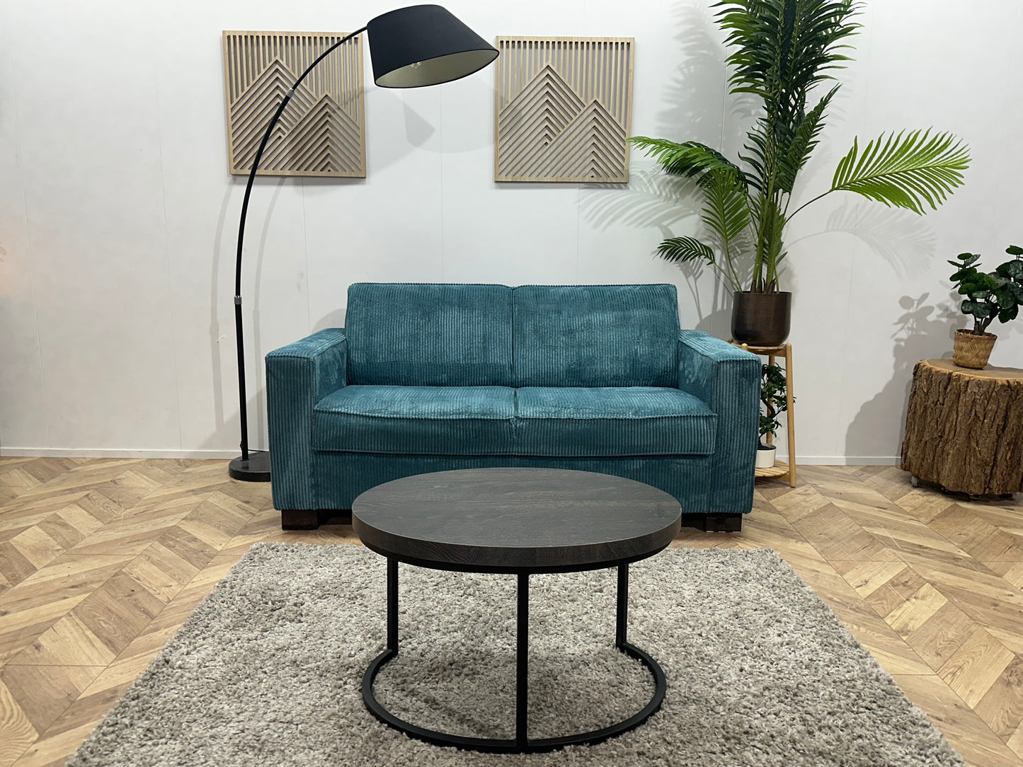 Blauwe Ribstof 2.5-Zits Bank ~ Vaste Kussens