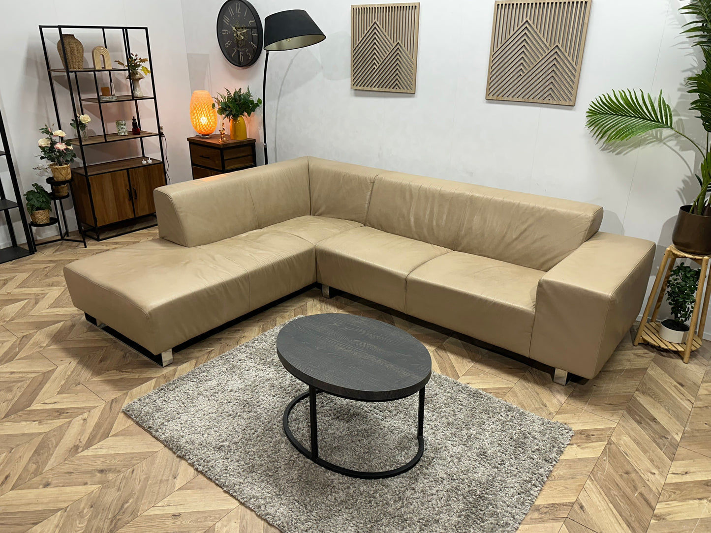 Goossens Crème Echt Lederen Hoekbank ~ Vaste Kussens