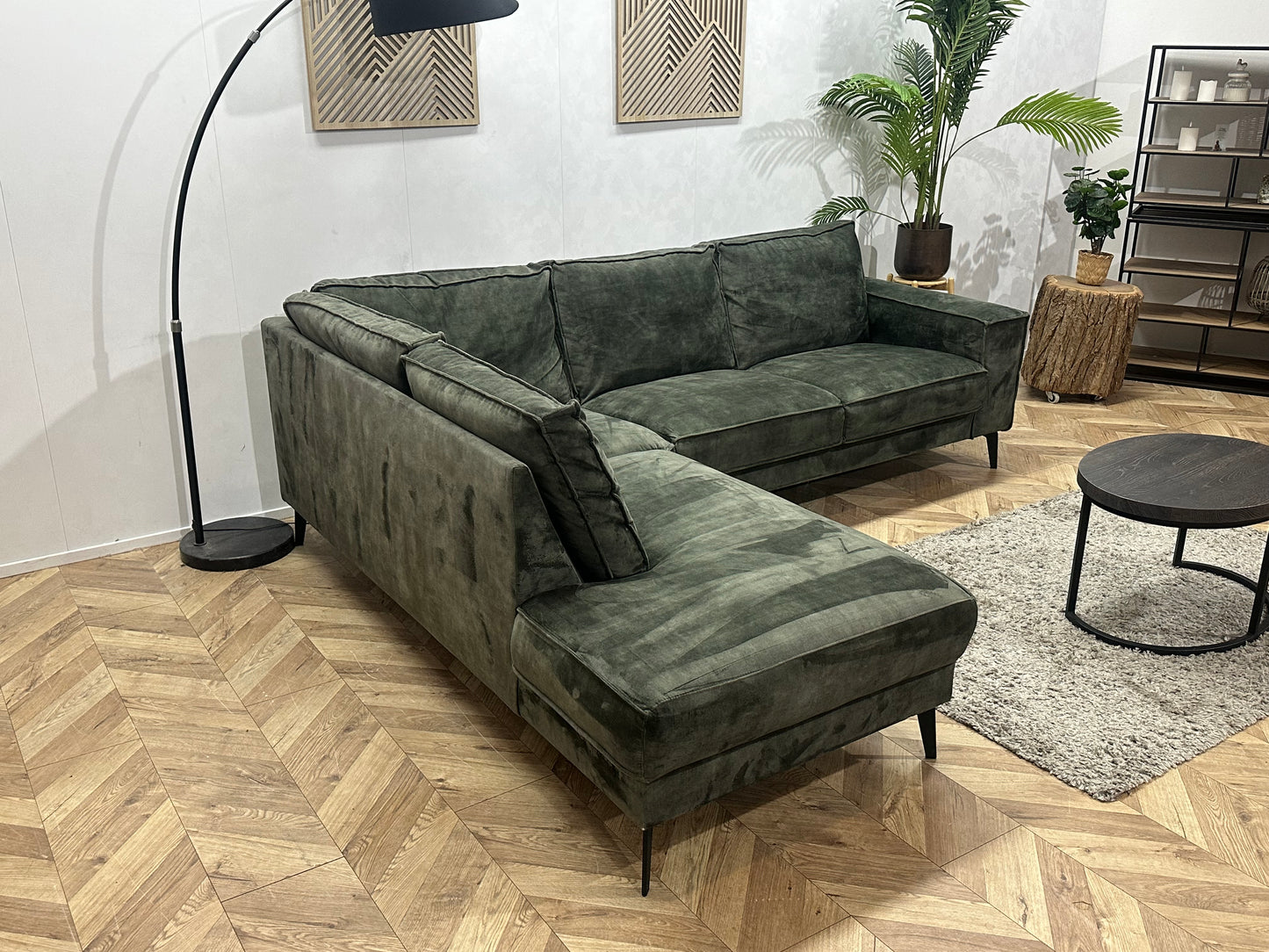 Groene Velvet Hoekbank ~ Losse Rugkussens Met Afneembare Hoezen