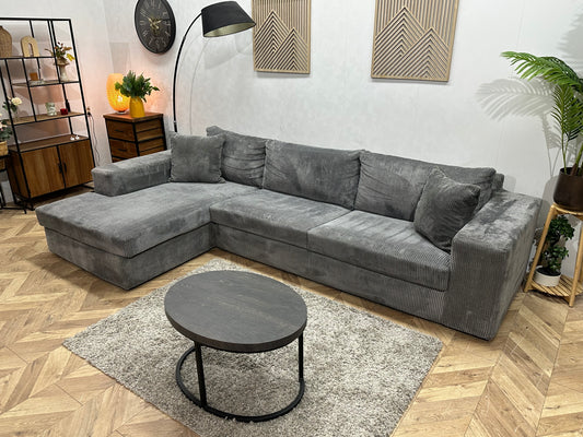 Licht Grijze Ribstof Hoekbank ~ Losse Kussens Met Afneembare Hoezen