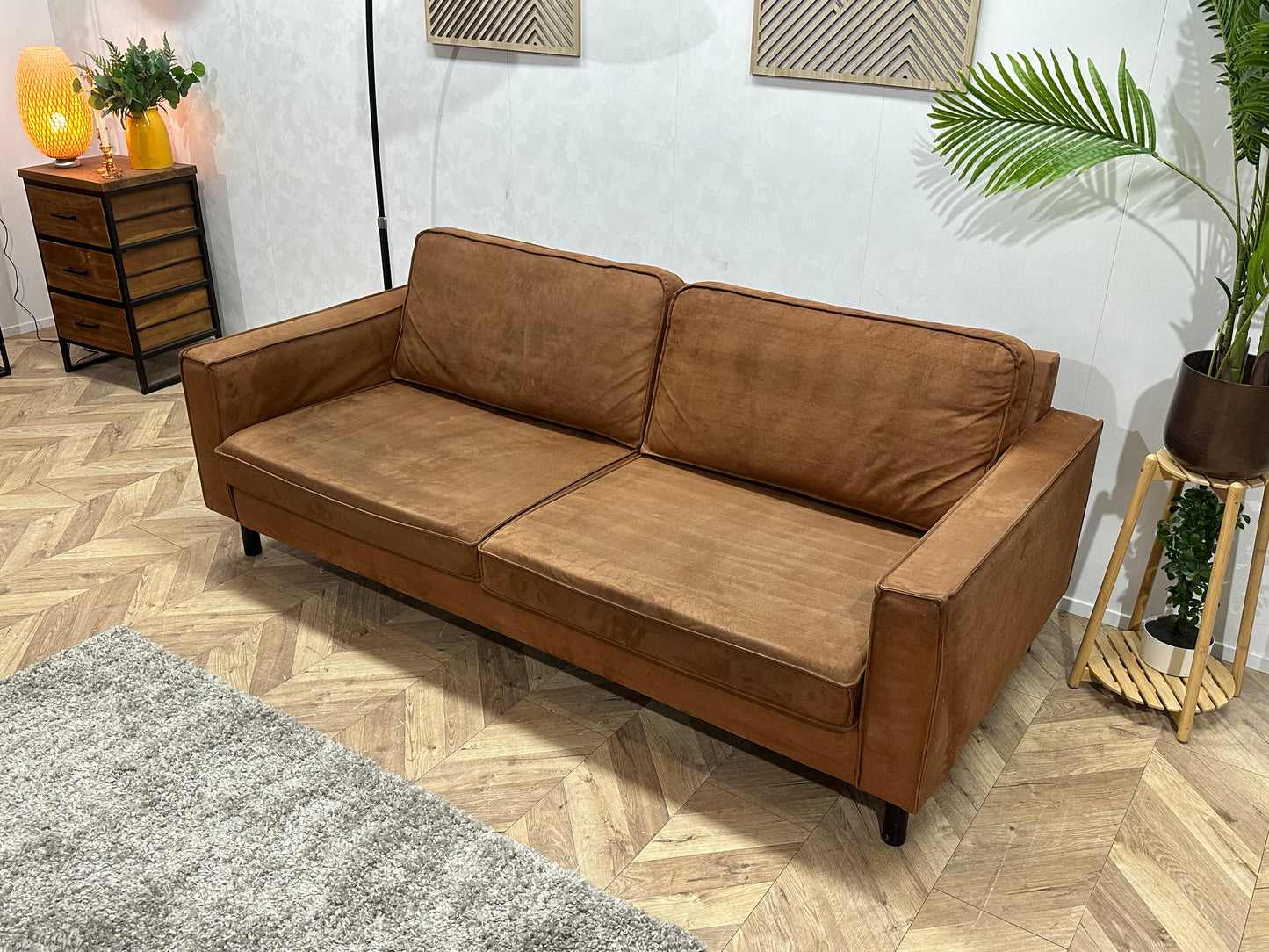 Cognac Bruine Suède Stoffen 2.5-Zits Bank ~ Losse Kussens Met Afneembare Hoezen