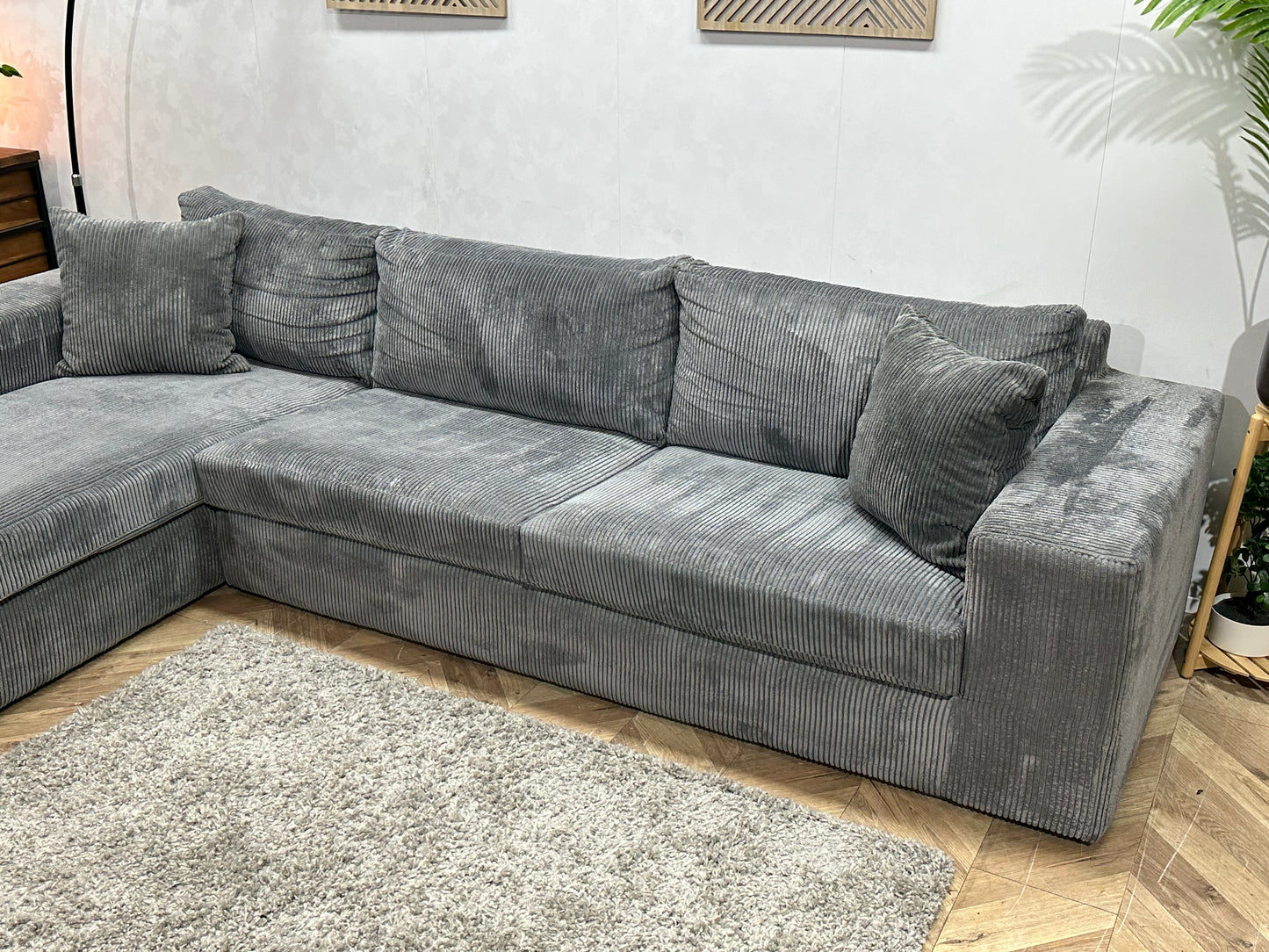 Licht Grijze Ribstof Hoekbank ~ Losse Kussens Met Afneembare Hoezen