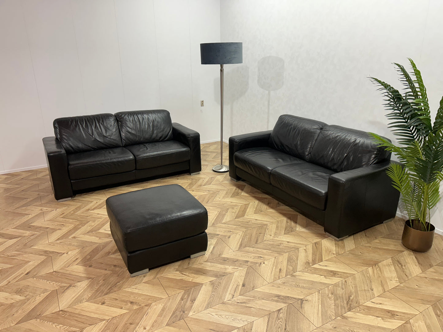 Zwarte Echt Lederen Banken Set Inc. Hocker ~ Nieuwstaat