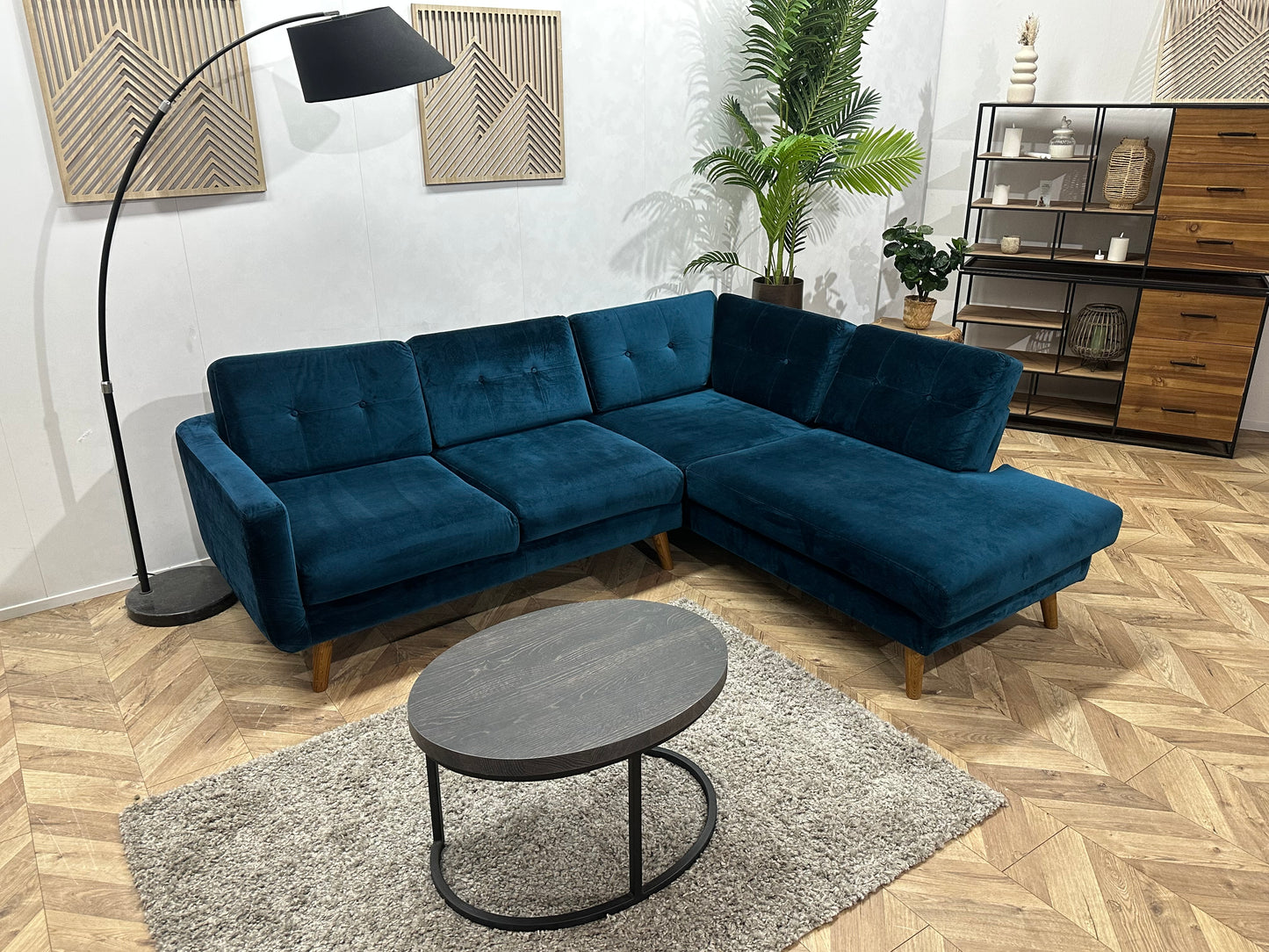 Blauwe Velvet Hoekbank ~ Losse Kussens Met Afneembare Hoezen