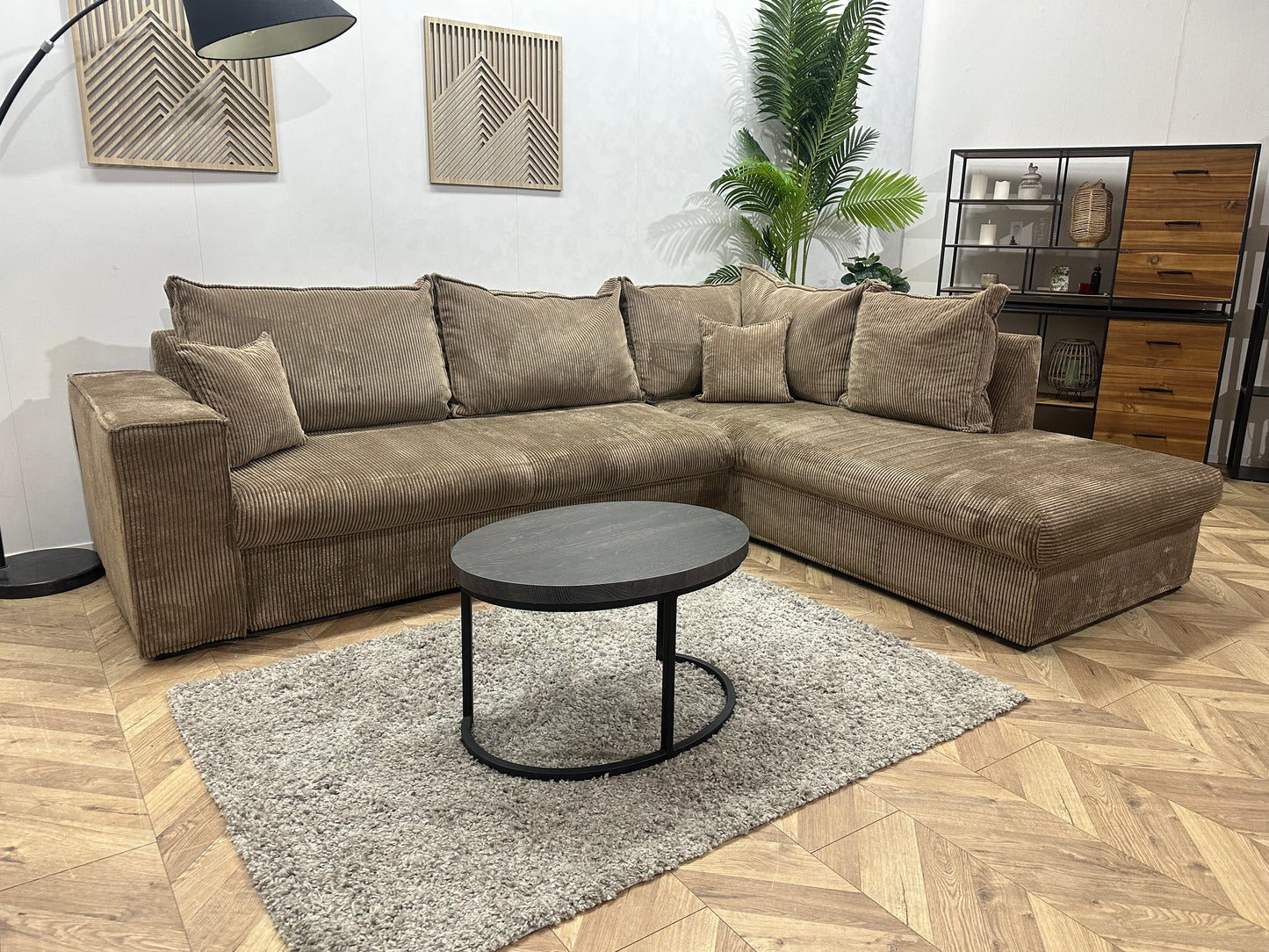 Bruine Ribstof Hoekbank ~ Losse Kussens Met Afneembare Hoezen