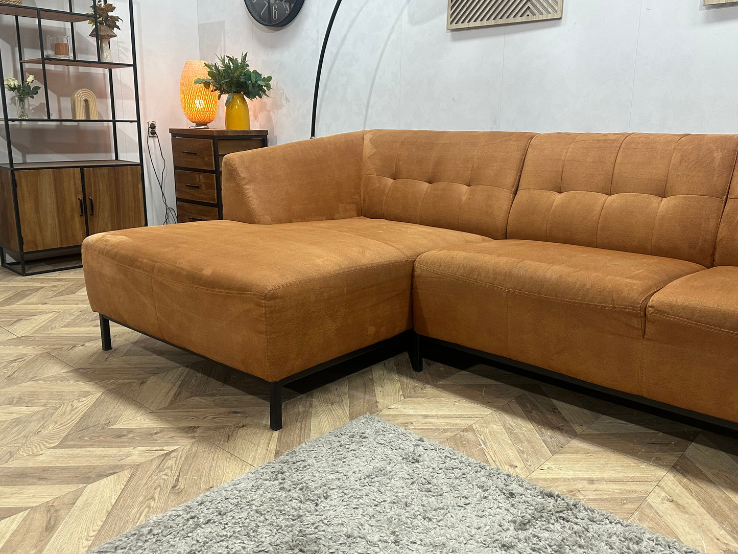 Cognac Bruine Suède Stoffen Hoekbank ~ Vaste Kussens