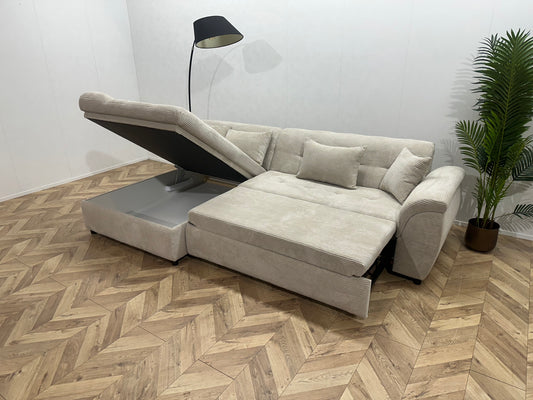!Showroommodel! Crème Ribstof Hoekbank ~ Slaapfunctie ~ Opbergruimte