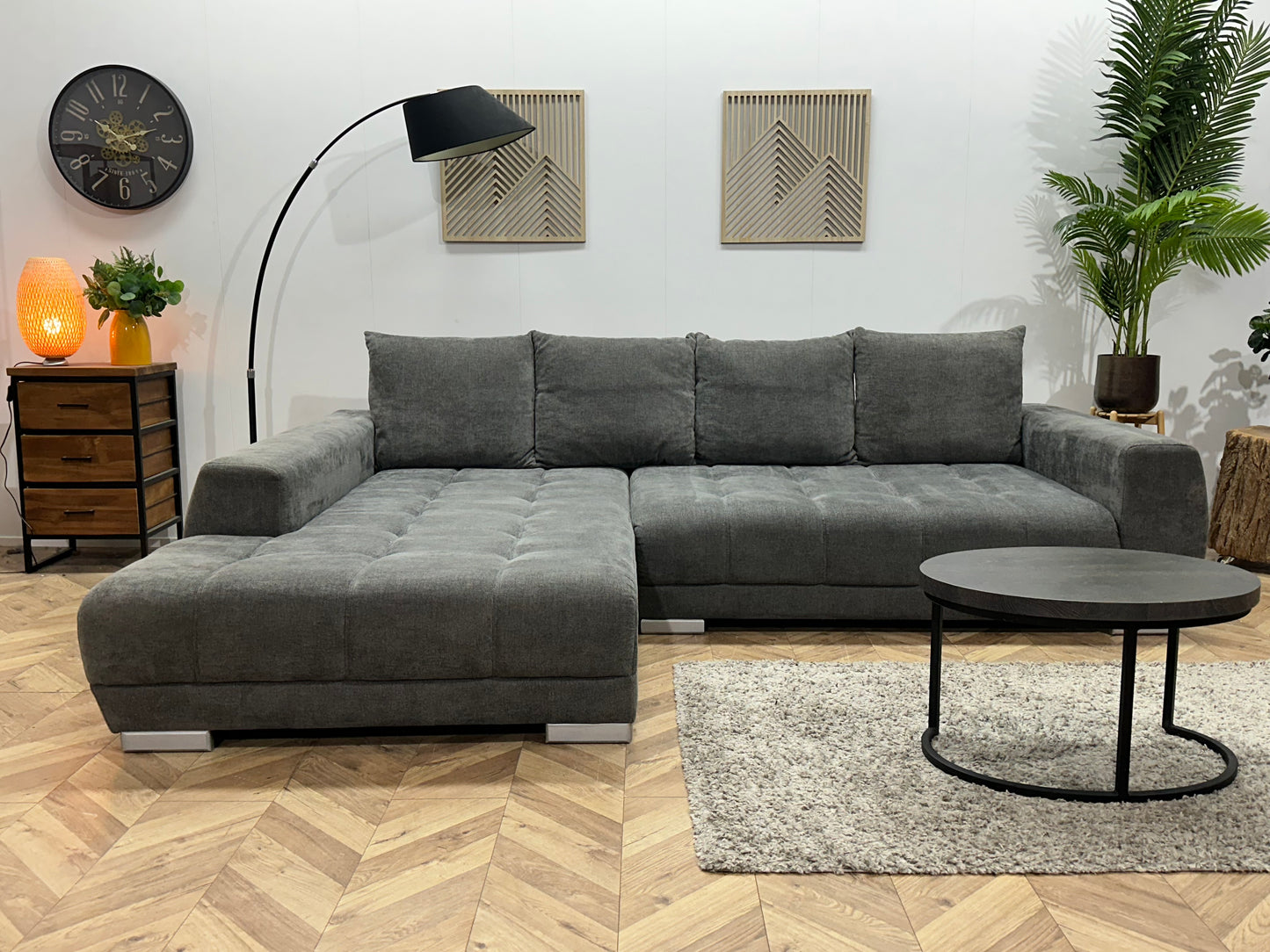 Antraciet Ruime Suede Stoffen Hoekbank ~ Nieuwstaat