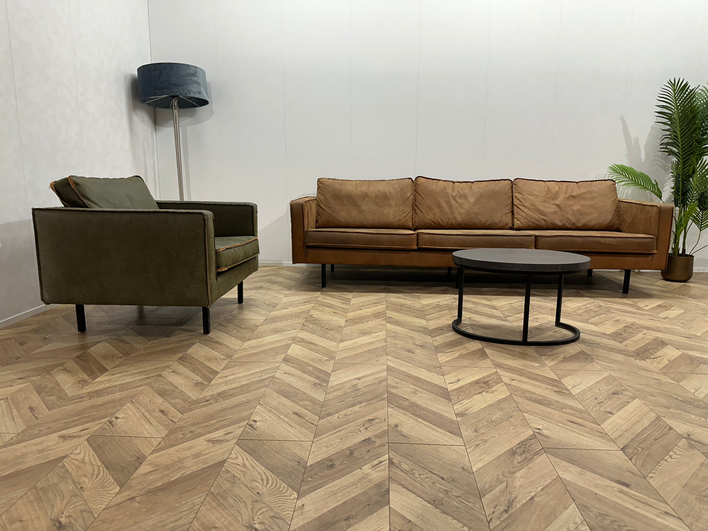 Be Pure Cognac Bruine 3-Zits Bank Inc. Groene Fauteuil - Losse Kussens