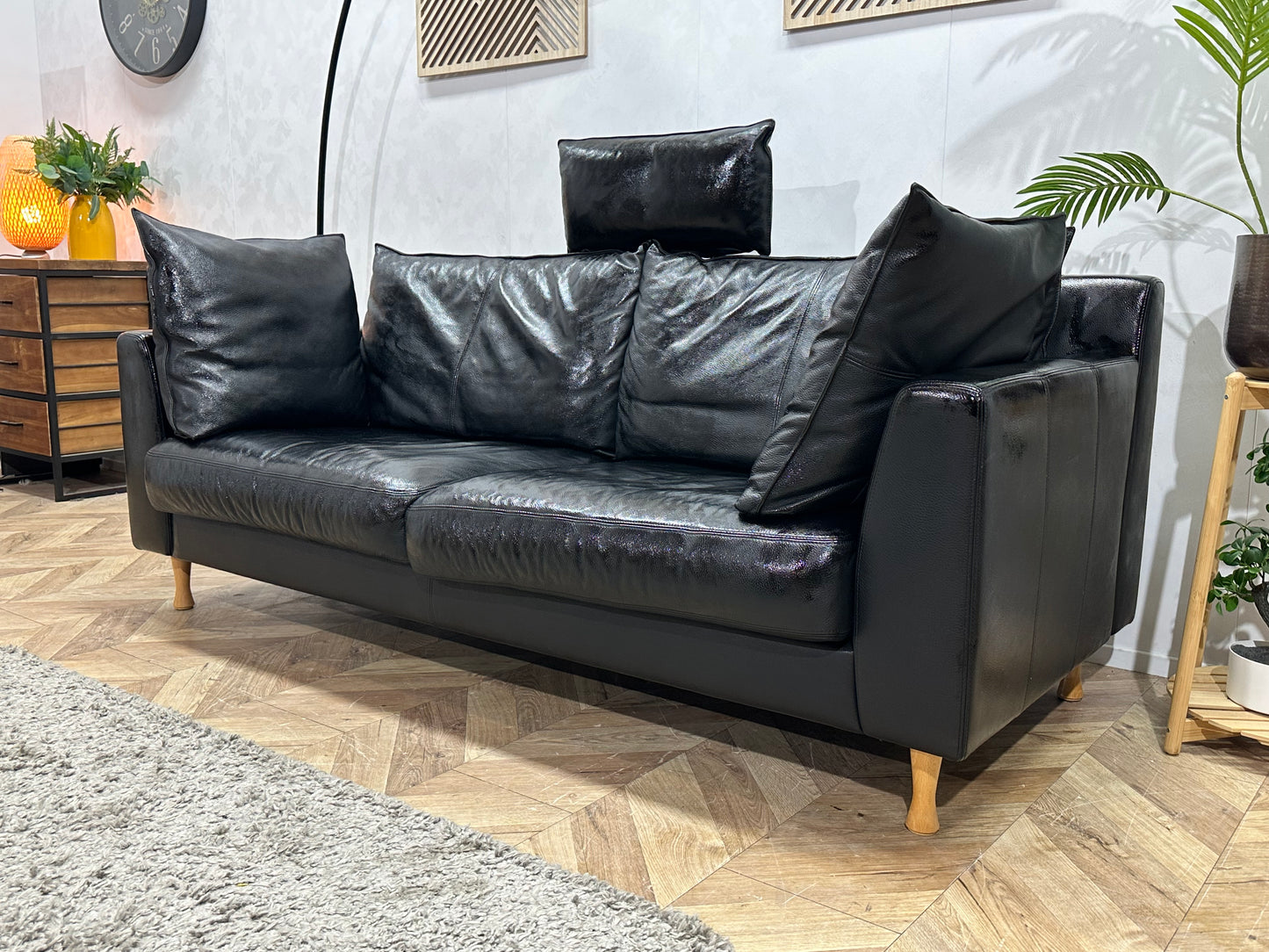 Zwarte Echt Lederen 2.5-Zits Bank Inc Hocker ~ Geïmpregneerd
