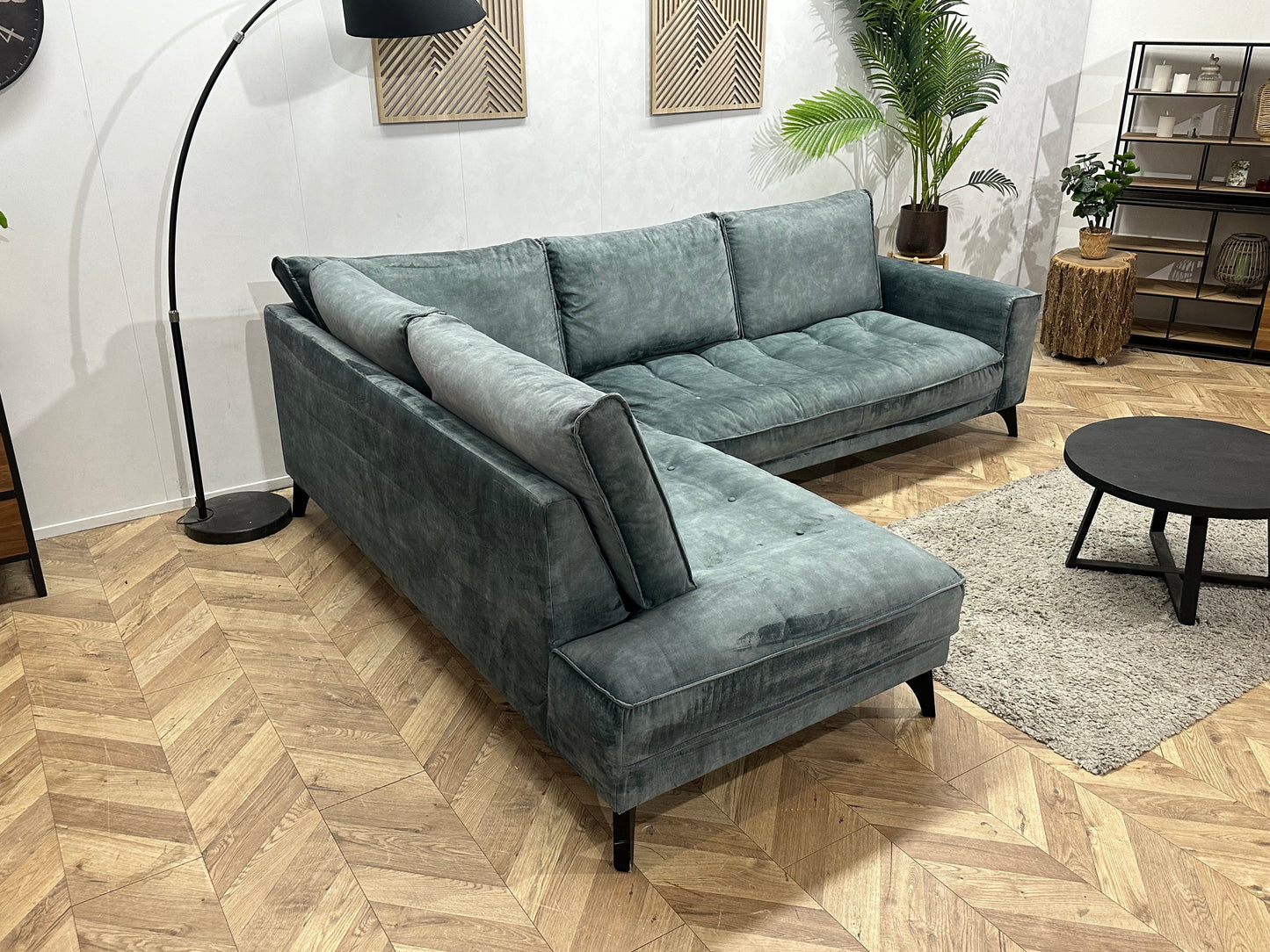 Blauwe/Grijze Velvet Hoekbank ~ Losse Rugkussens Met Afneembare Hoezen