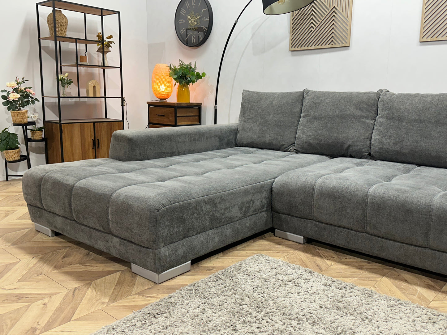 Antraciet Ruime Suede Stoffen Hoekbank ~ Nieuwstaat