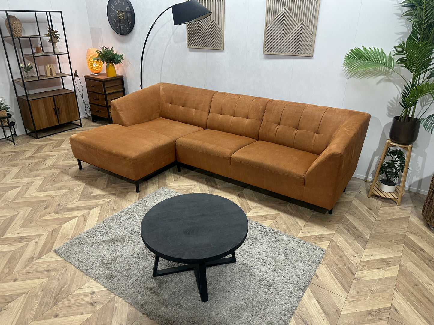 Cognac Bruine Suède Stoffen Hoekbank ~ Vaste Kussens