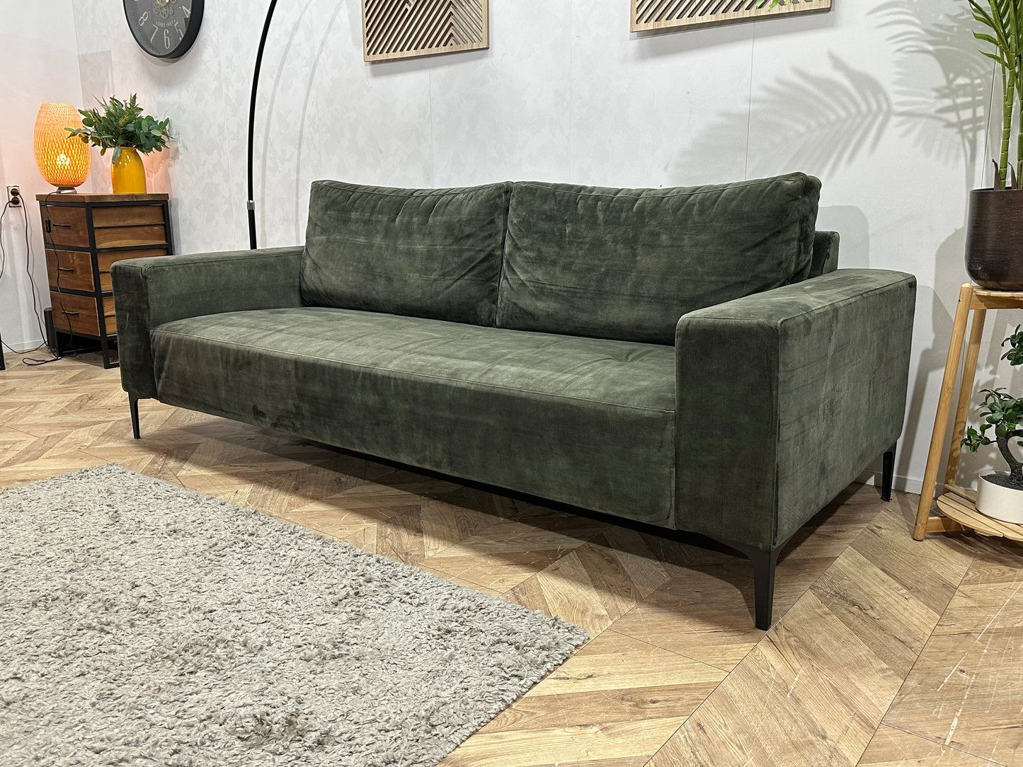 Groene Velvet 2.5-Zits Bank Inc Hocker ~ Losse Rugkussens Met Afneembare Hoezen