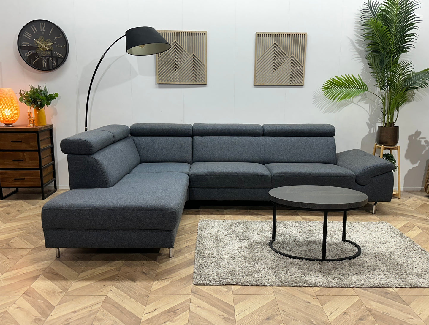 Montèl Blauwe/Grijze Hoekbank ~ Verstelbare Arm/Hoofdsteunen