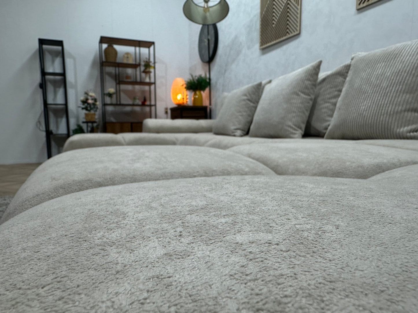 !Showroommodel! Crème Velvet U Bank ~ Losse Ribstof Rugkussens