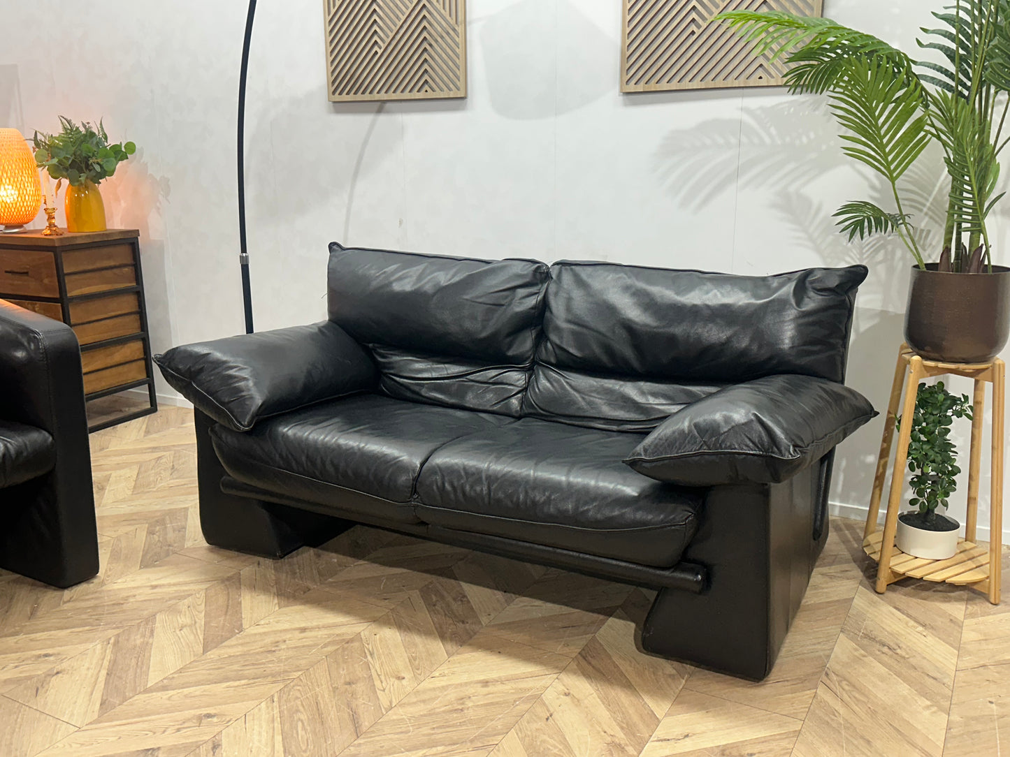 Zwarte Echt Lederen 2-Zits Inc Fauteuil ~ Vaste Kussens