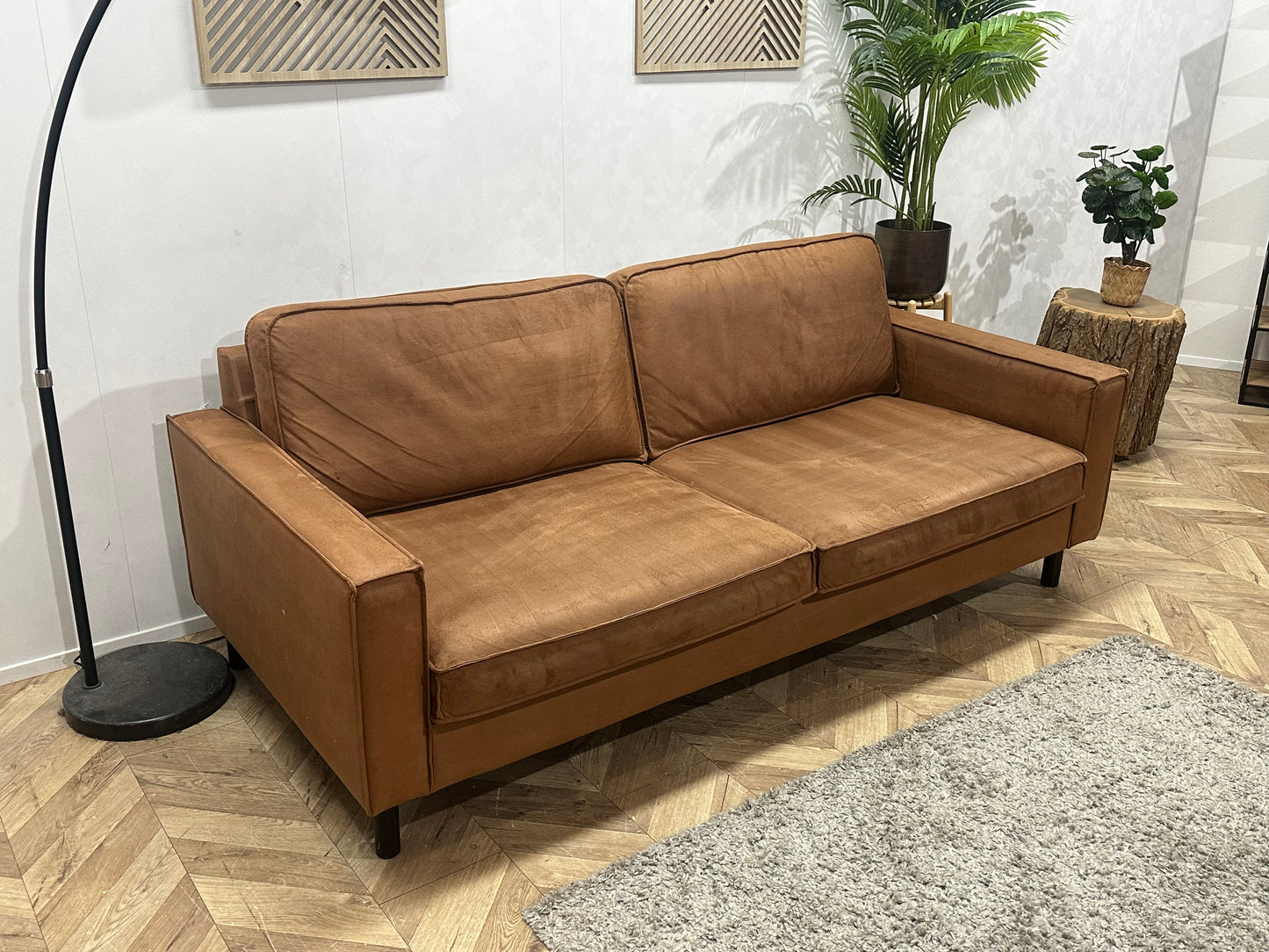 Cognac Bruine Suède Stoffen 2.5-Zits Bank ~ Losse Kussens Met Afneembare Hoezen