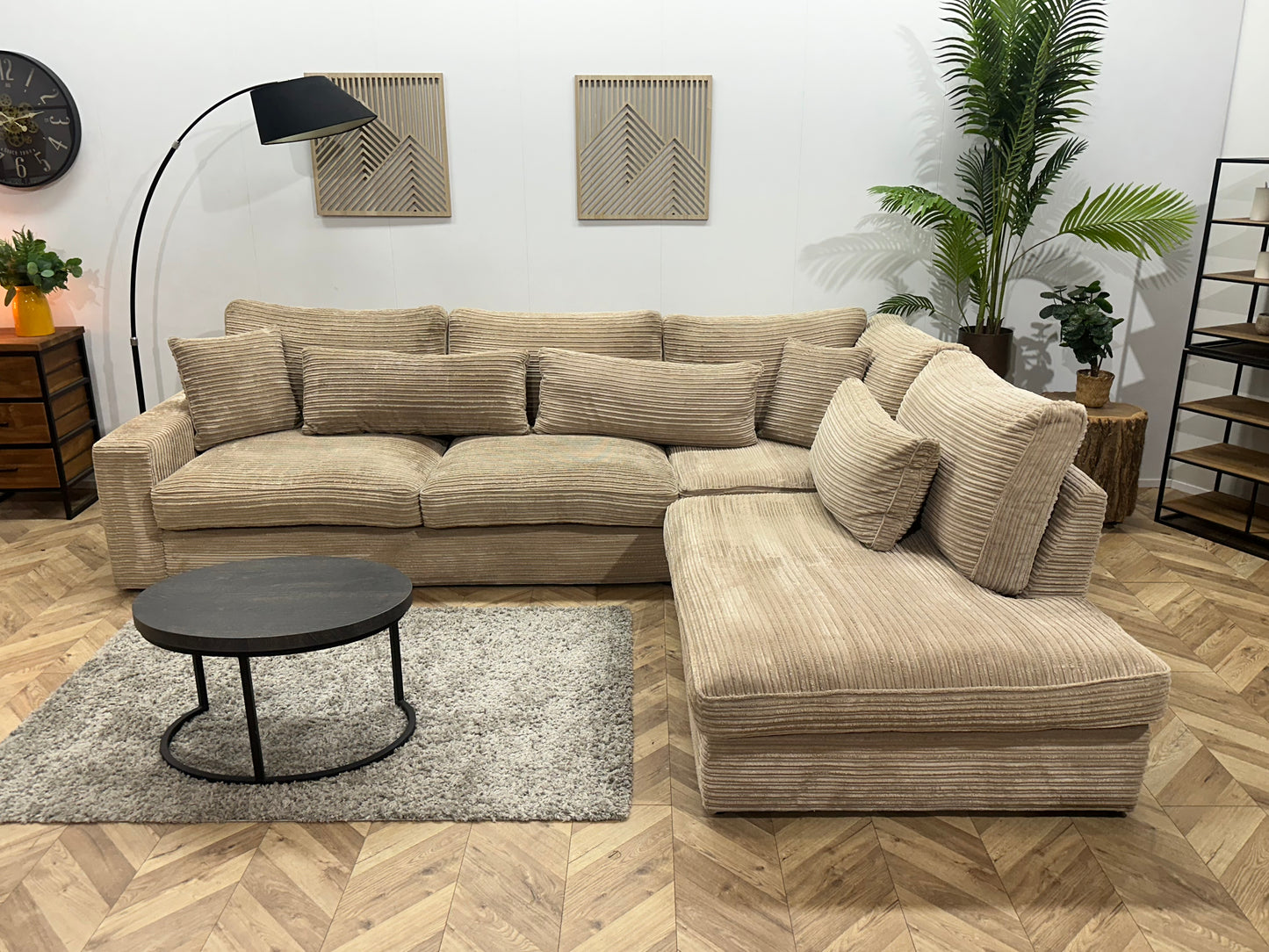 Crème/Beige Ribstof Hoekbank ~ Losse Kussens Met Afneembare Hoezen