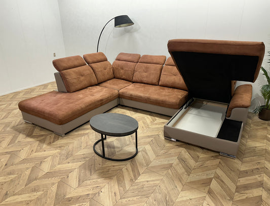 Cognac Bruine/Grijze Suède Stoffen/Lederen U Bank ~ Opbergruimte ~ Verstelbare Rug/Hoofdsteunen