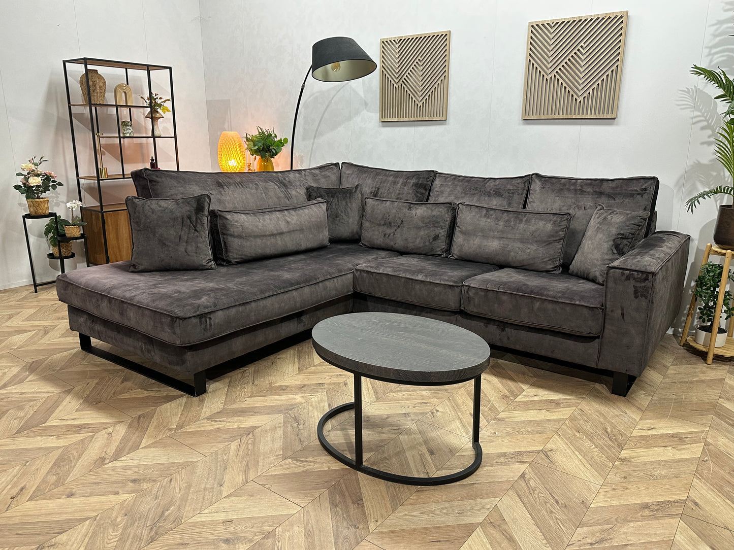 Antraciet Velvet Hoekbank ~ Losse Kussens Met Afneembare Hoezen