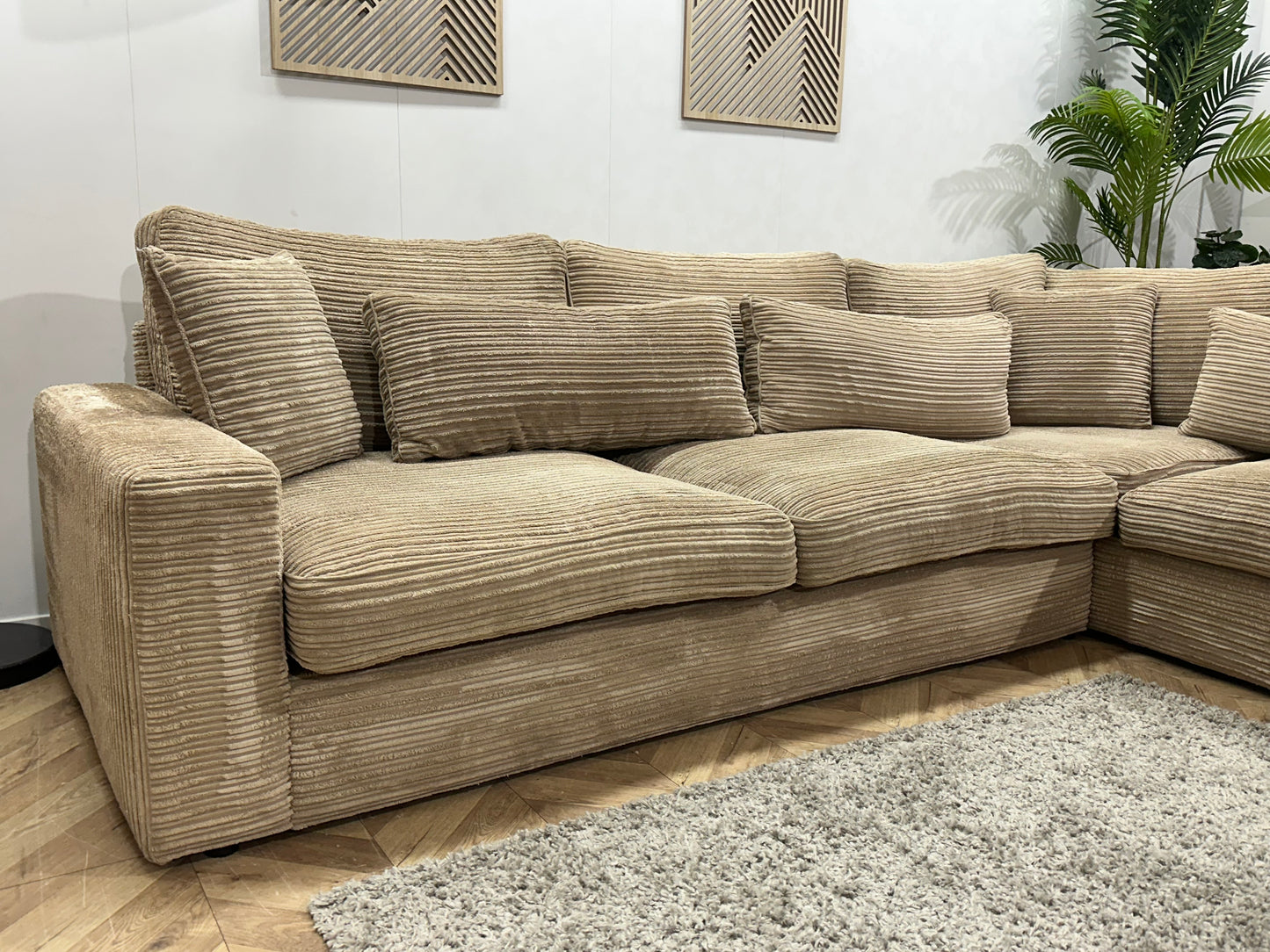 Crème/Beige Ribstof Hoekbank ~ Losse Kussens Met Afneembare Hoezen