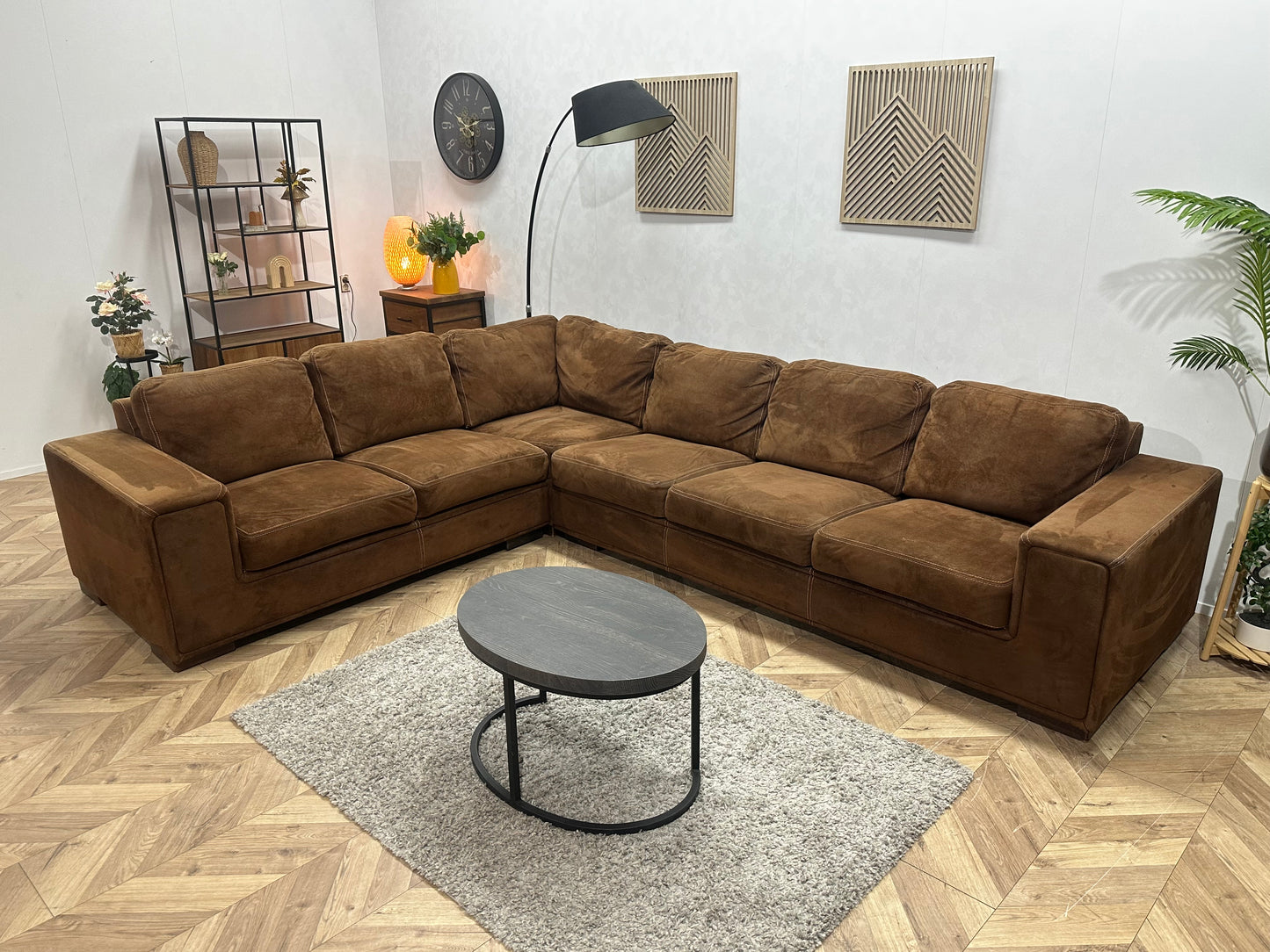 Cognac Bruine Velvet Hoekbank ~ Vaste Kussens