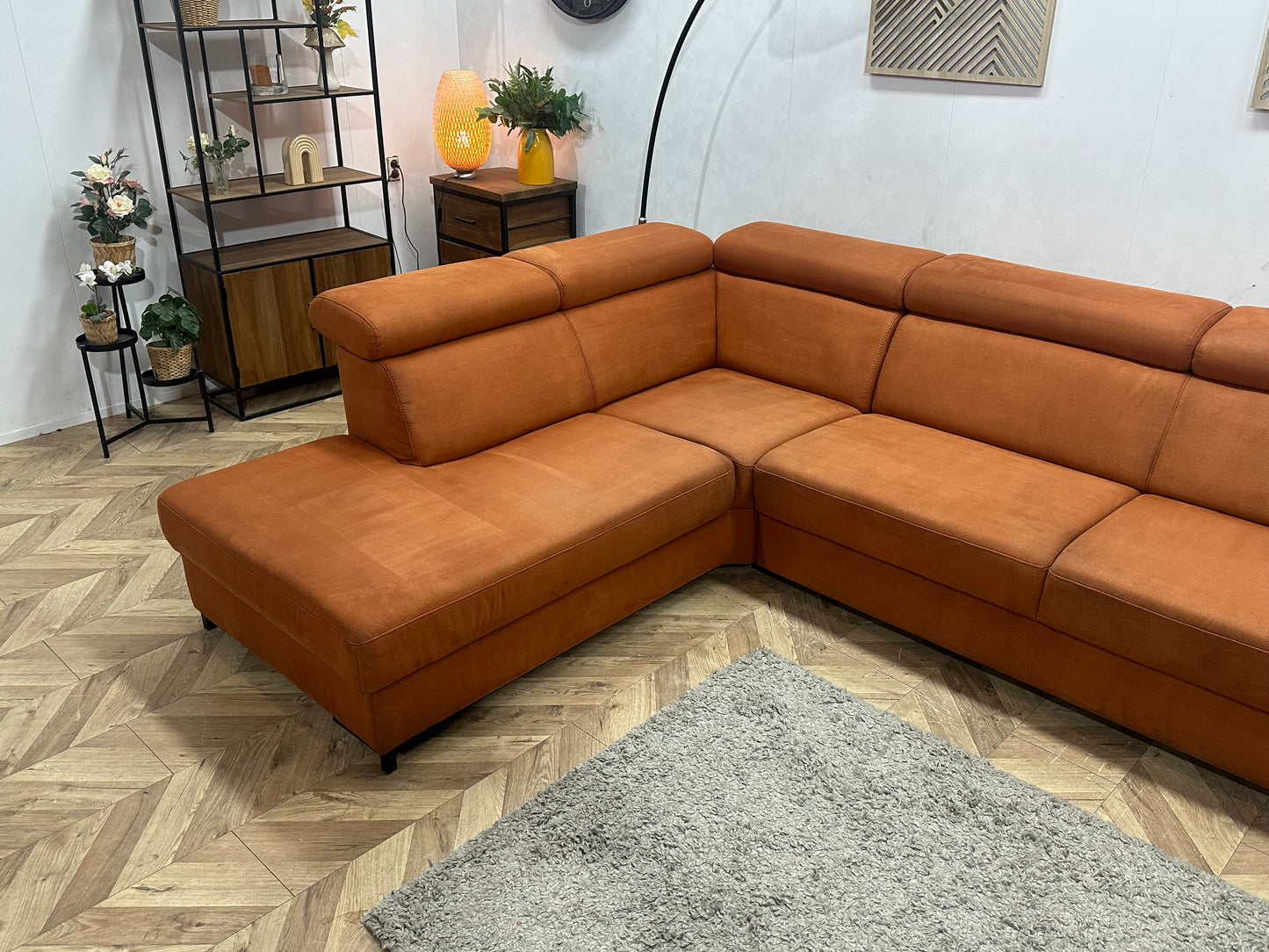 Cognac Bruine Suède Stoffen Hoekbank ~ Verstelbare Arm/ Hoofdsteunen