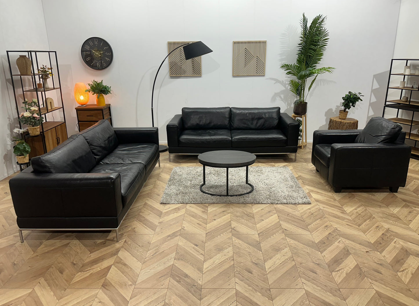 Zwarte Echt Lederen Banken Set Inc Fauteuil ~ Vaste Kussens